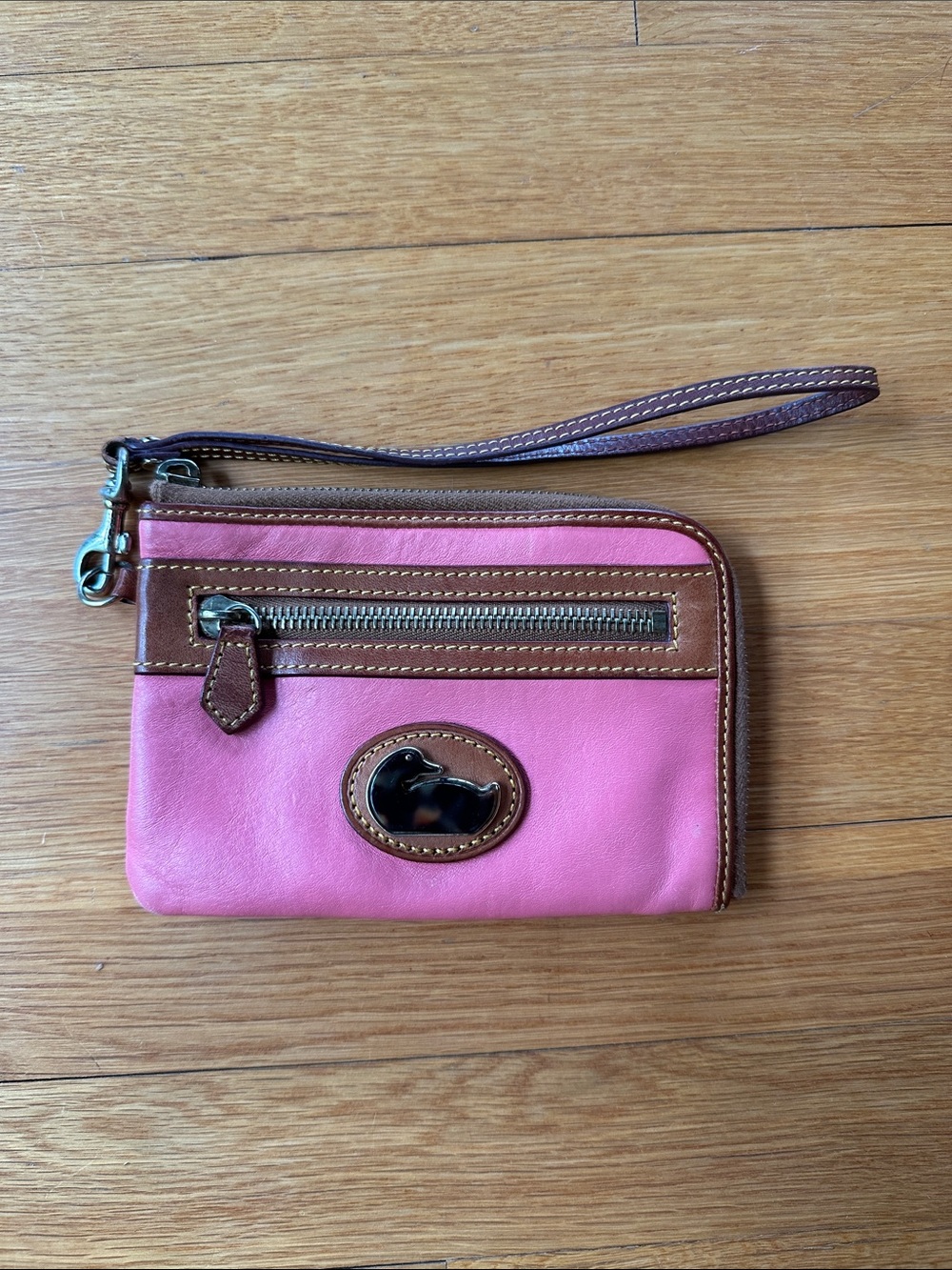 Dooney & Bourke Pink Leather Wristlet with Brown Trim